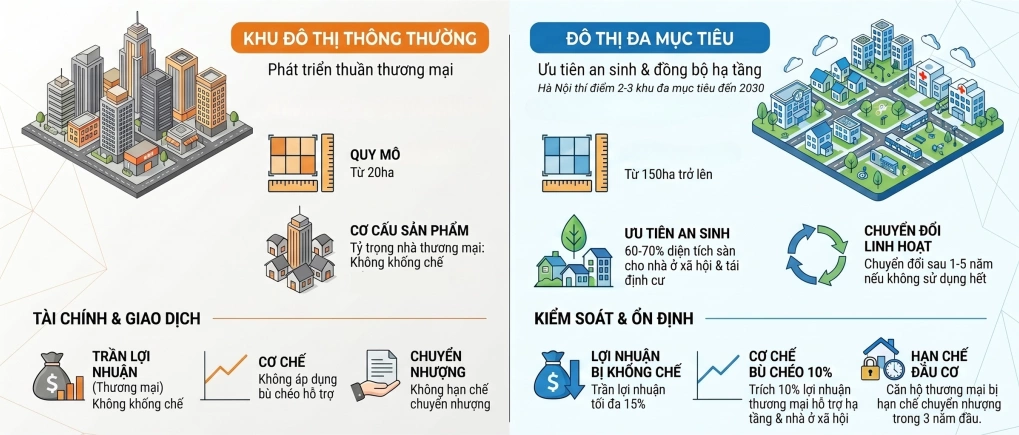 Những điểm khác biệt chủ yếu giữa khu đô thị đa mục tiêu và khu đô thị thông thường