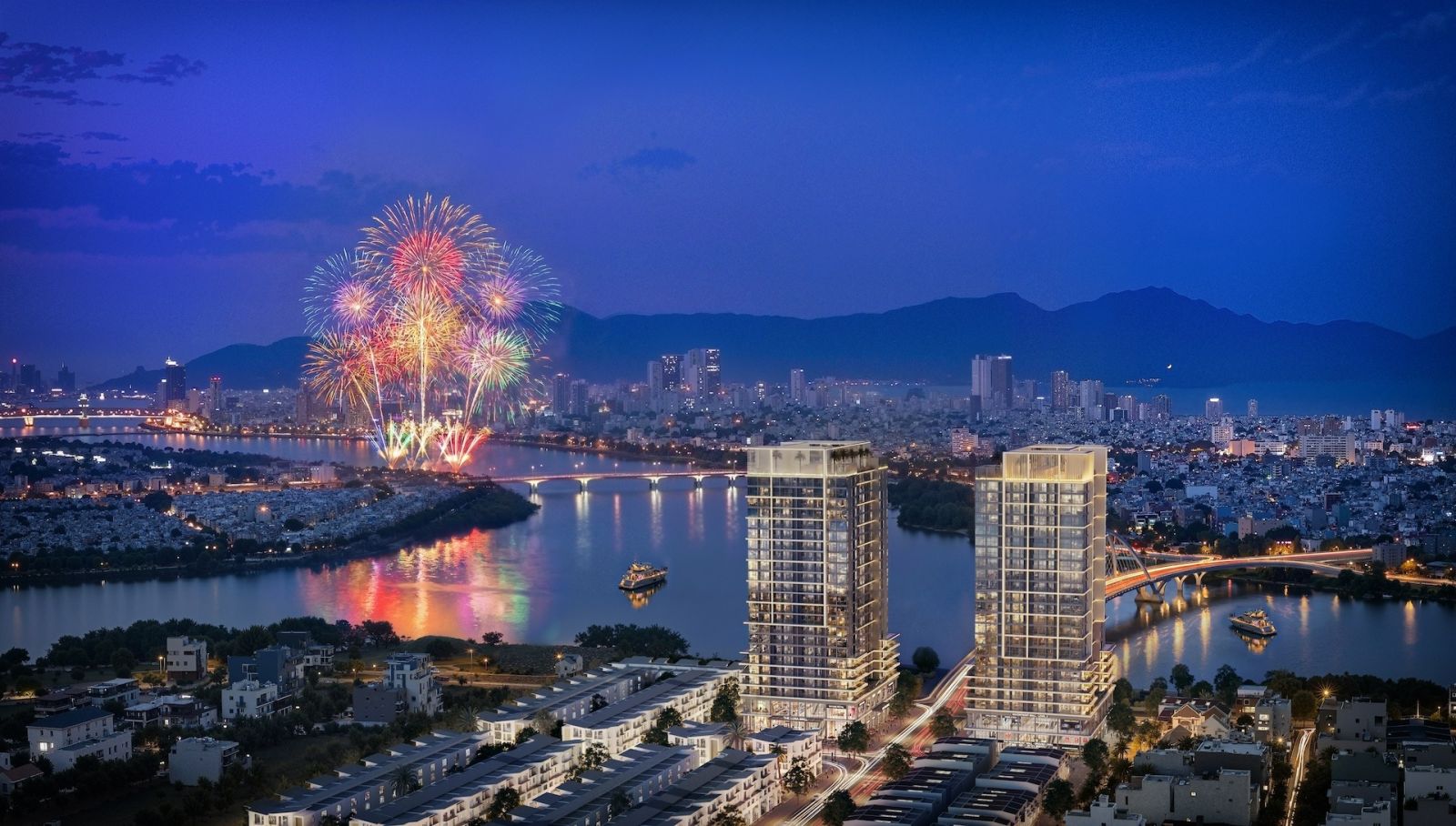 Phối cảnh S-Light Tower - tháp đôi biểu tượng tại mặt sông Hàn, trung tâm Nam Đà Nẵng. Ảnh: Sun Property.