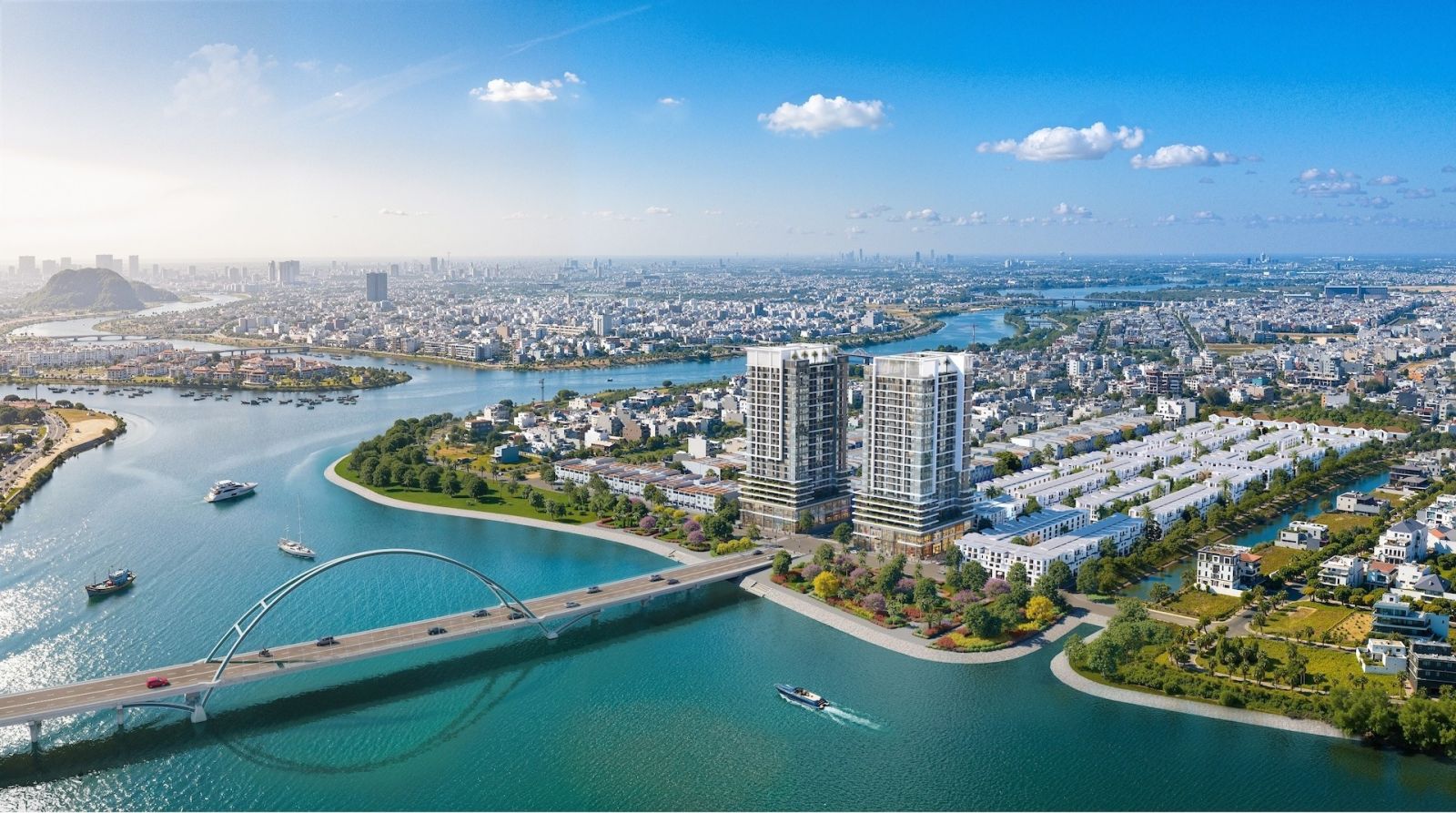 Phối cảnh tháp đôi S-Light Tower tại trung tâm Nam Đà Nẵng soi bóng sông Hàn