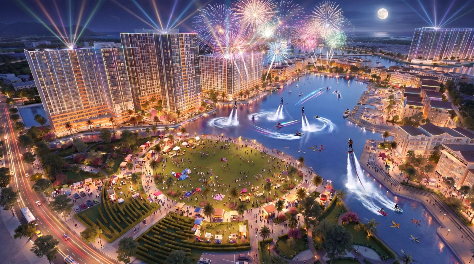 Hồ sân khấu nước rộng 7,3ha là nơi diễn ra các show thực cảnh ánh sáng và pháo hoa hằng đêm.