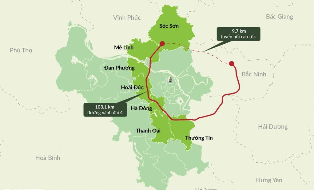 Bản đồ các khu vực có đất nền dọc tuyến Vành đai 4 Hà Nội. (Nguồn: Sưu tầm)