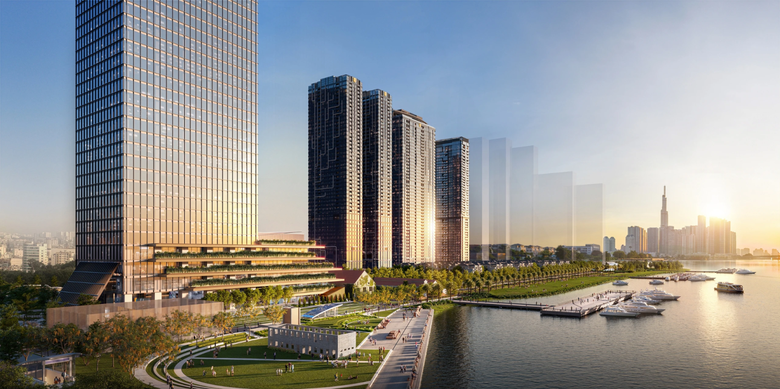 Grand Marina Saigon gồm các căn hộ hàng hiệu Marriott và JW Marriott bên sông Sài Gòn, liền kề ga Ba Son